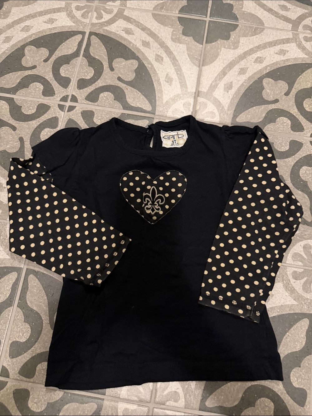 Kids Black Long Sleeve Layered-Look Top with Polka Dot Sleeves Saints 3-4T